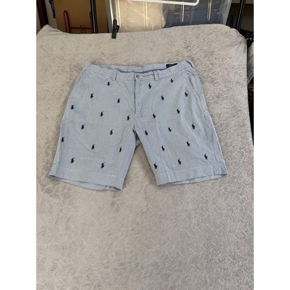 Polo Ralph Lauren Mens 38 Seersucker Shorts Blue White Striped Embroidered Pony - Picture 5 of 11